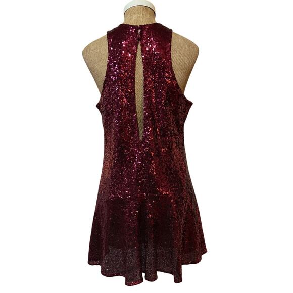 Free People High Neck Ruby Red Sequin Dress Burgundy Sleeveless Swing Mini Small - Picture 7 of 12